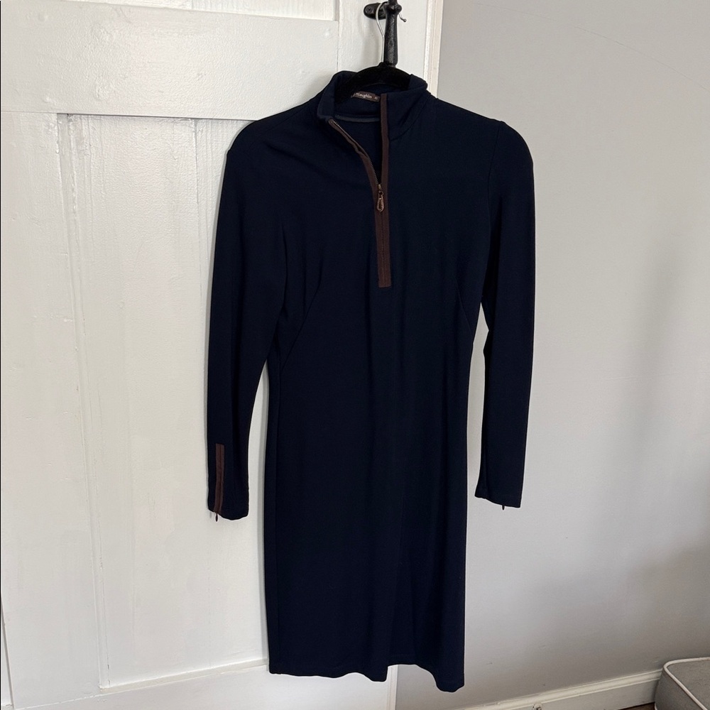 J. McLaughlin Navy Long-Sleeve Zip-Front Dress with Brown Trim 34